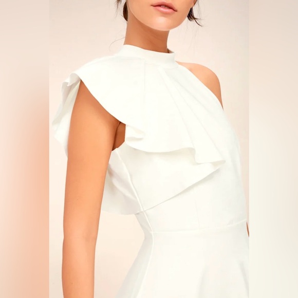 Lulu’s Chic Goals White High Neck One-Shoulder Flutter Sleeve Skater Dress - Picture 5 of 8